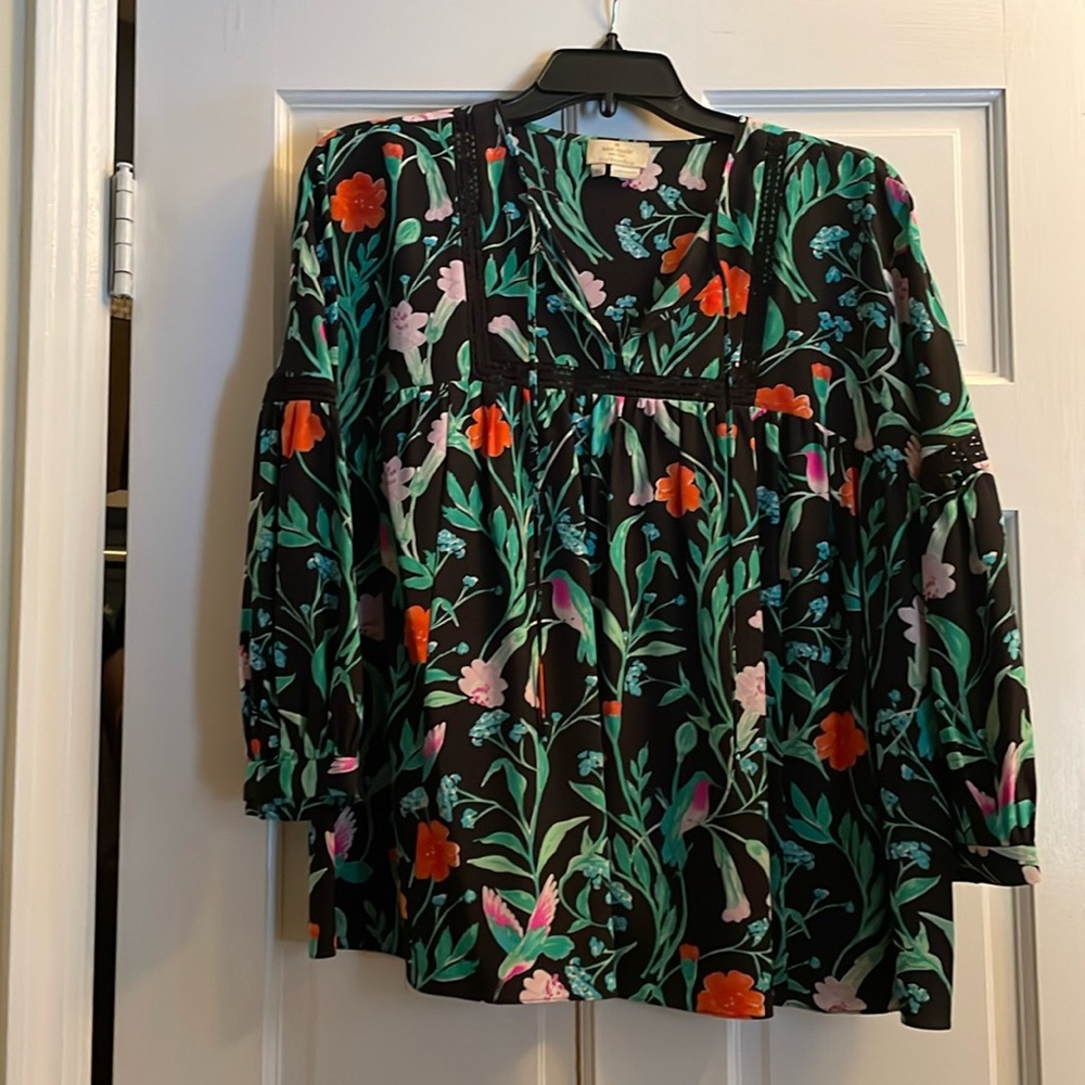 Kate spade 100%silk garden floral hummingbird lace trim 3/4 sleeve Size 6